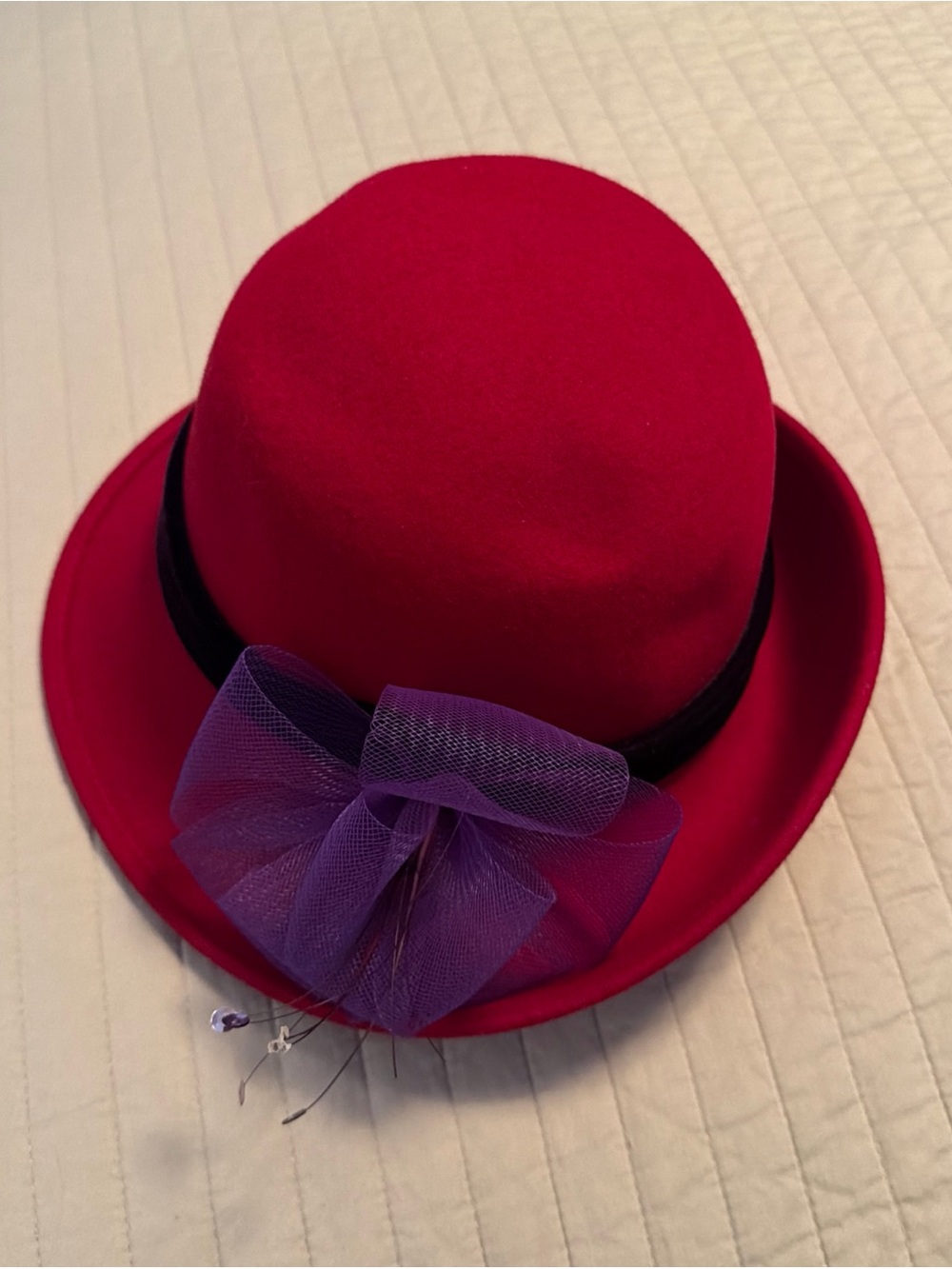 Jenny Buchanan 100% Wool Red Hat Society Purple Velvet Bow Brim